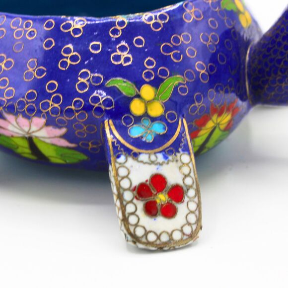 Vintage Cloisonné Turtle Trinket Box Blue Enamel Brass Figurine Lidded Shell - Picture 5 of 8